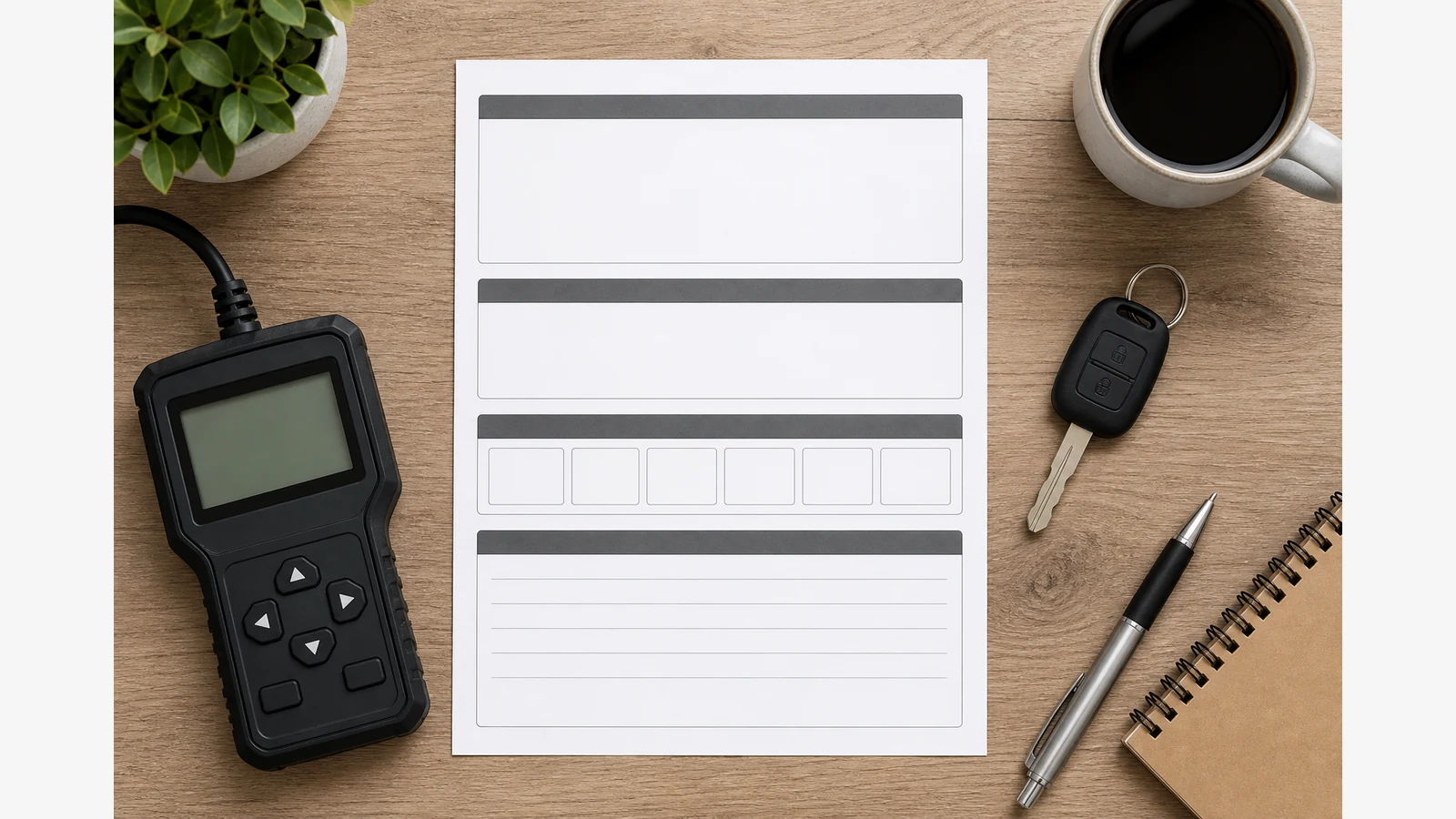 OBD scan notes organised for handover to a garage without exposing personal data