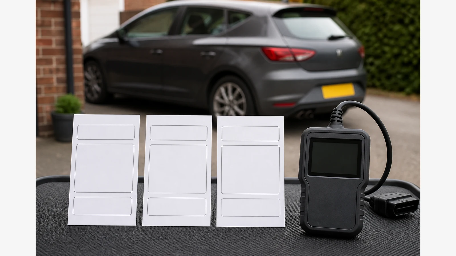Three OBD code-status records compared beside a parked car and code reader
