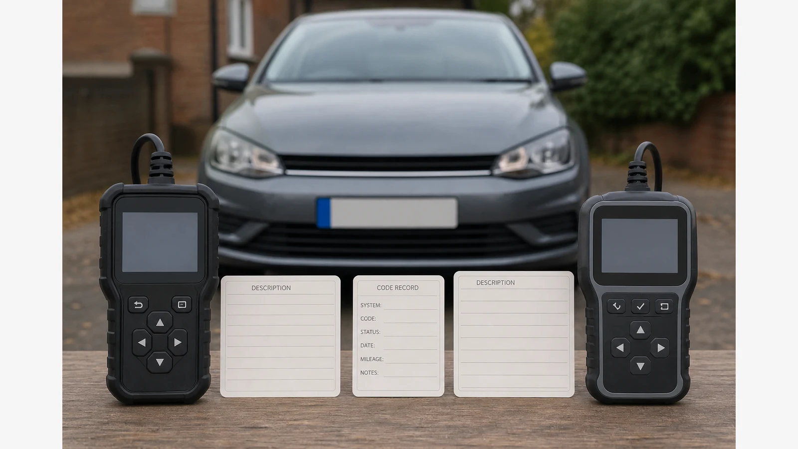 Two code readers showing different blank descriptions for the same diagnostic code record